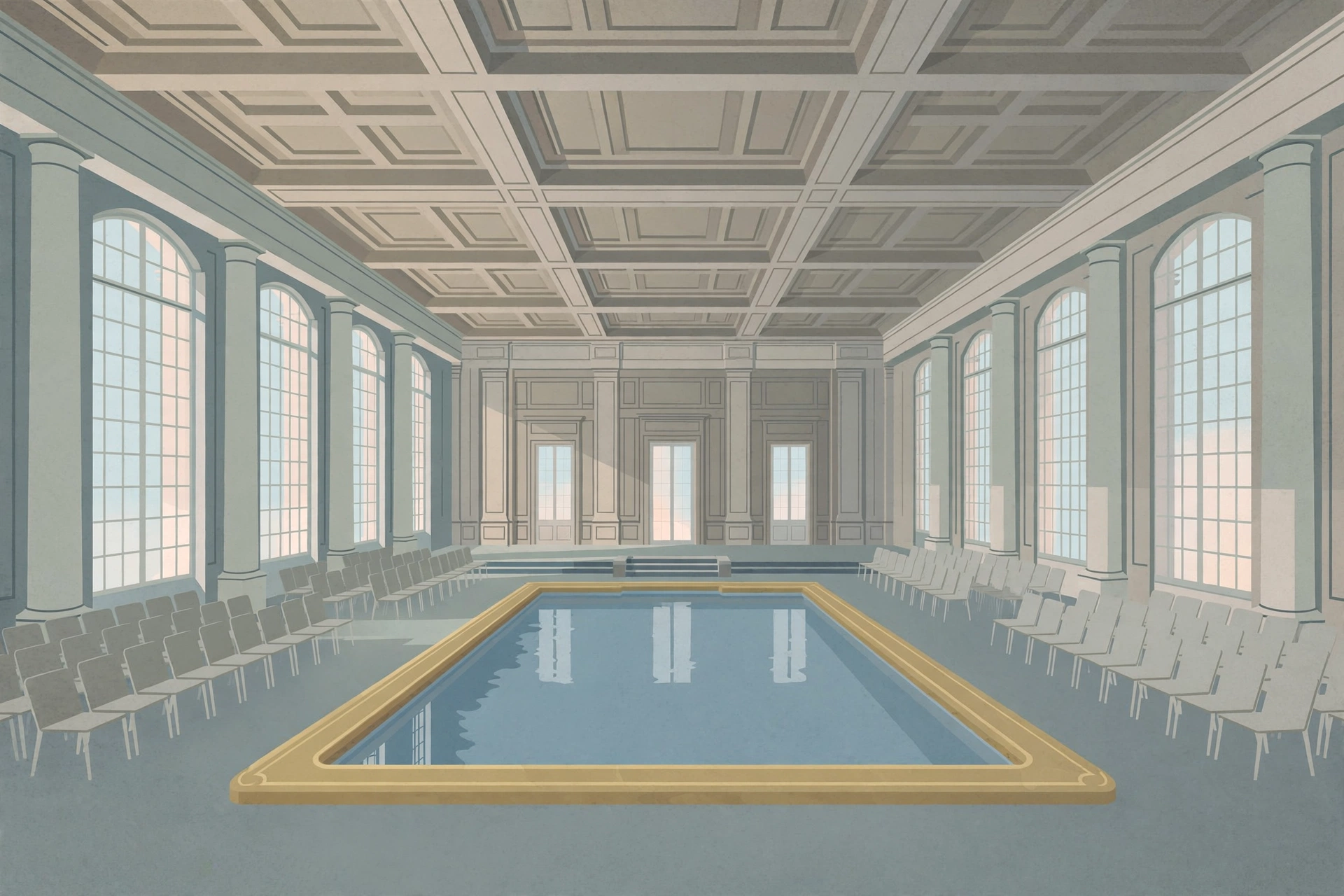 Illustration of the grand hall with a gold-trimmed indoor pool where the press briefing room once stood