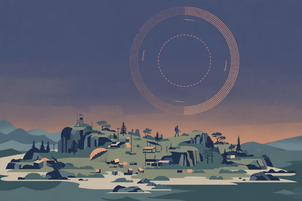 Illustration of an island battleground under a shrinking circle