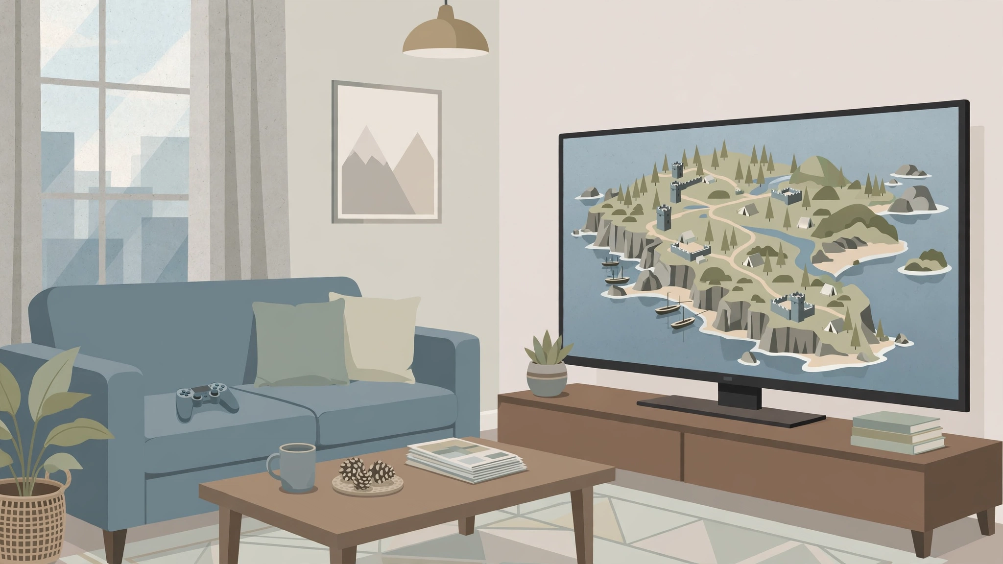 Illustration of a living room television showing an island map