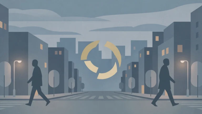 Illustration of two silhouettes walking apart on a city street