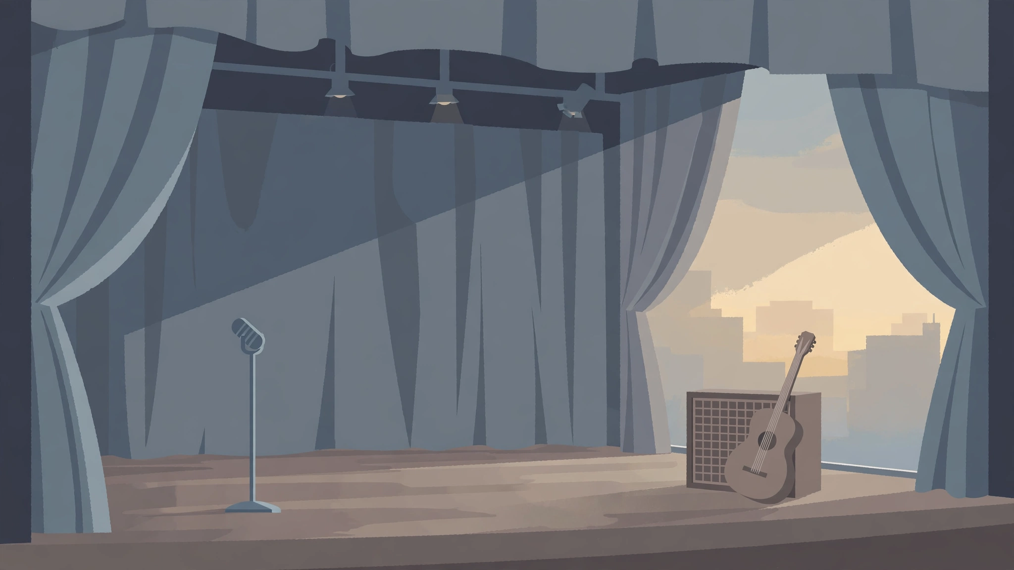 Illustration of an empty stage with a microphone and guitar