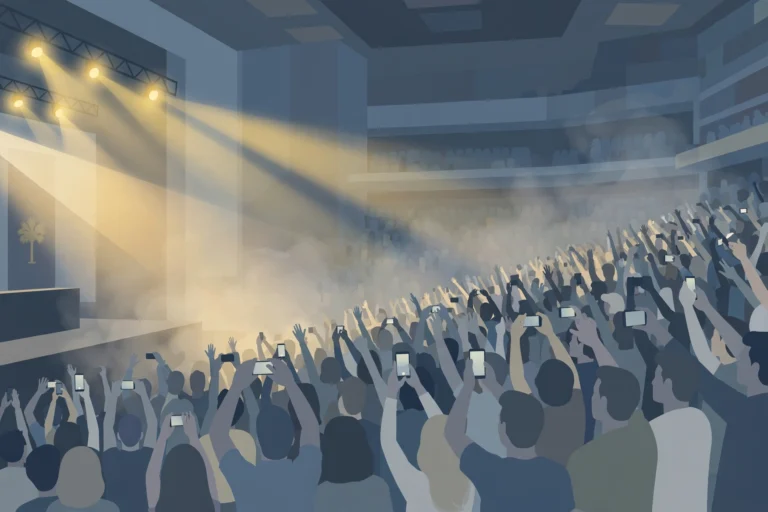 Editorial illustration of a packed arena crowd at a political rally