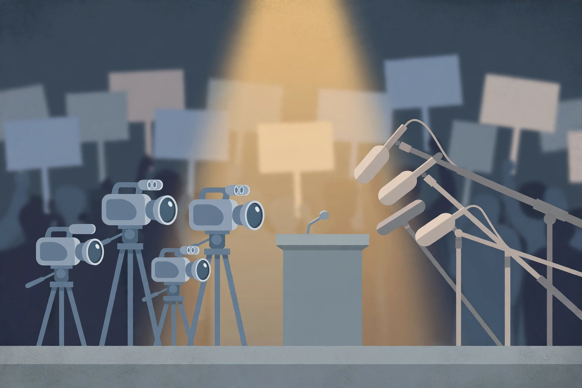 Editorial illustration of press cameras around a podium at a rally