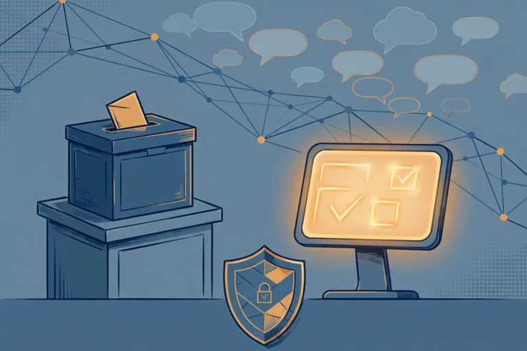 Illustration of a ballot box, a glowing voting screen and network lines suggesting online influence