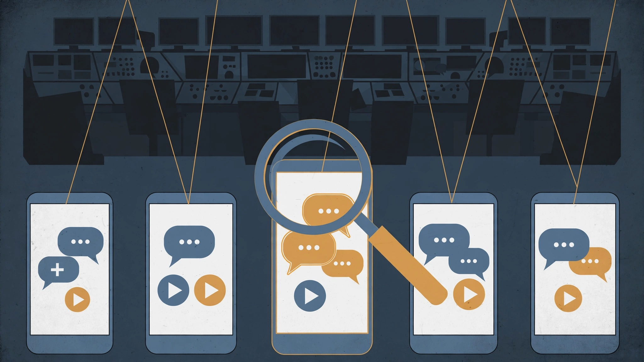 Illustration of smartphones with speech bubbles under a magnifying glass