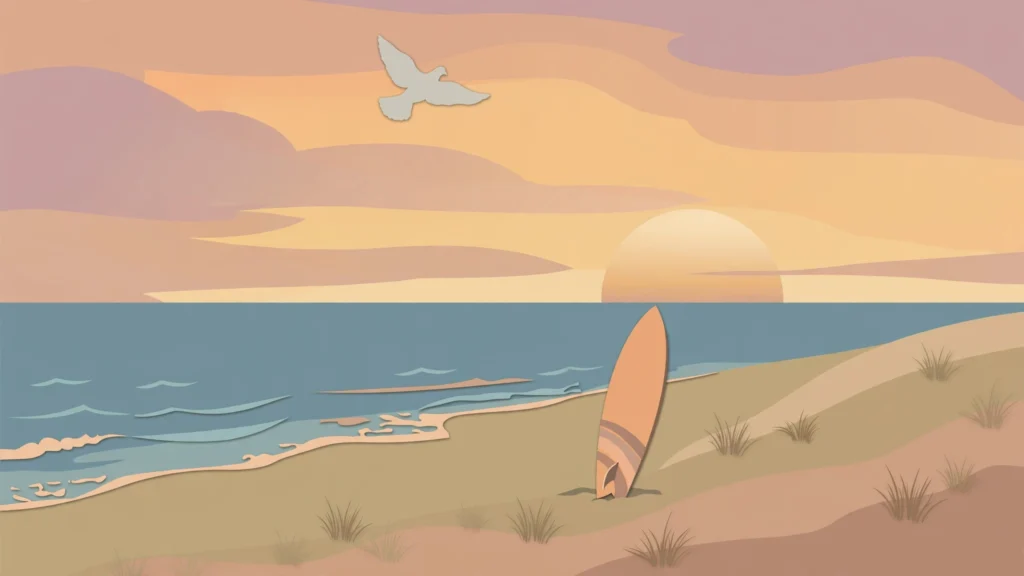 Editorial illustration of a beach at sunset with a surfboard and a dove