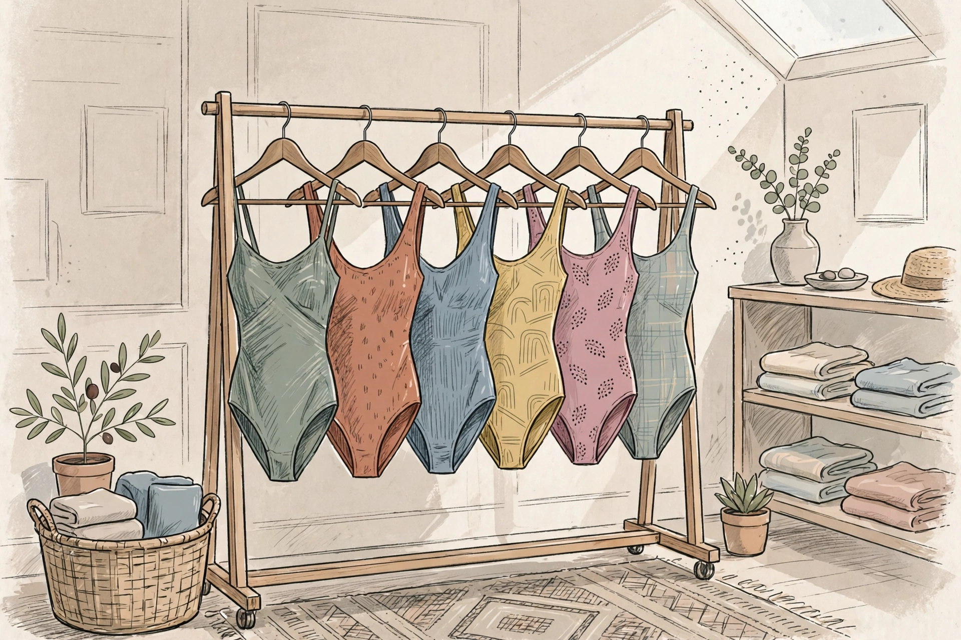Editorial illustration of a rack of colourful swimsuits in a boutique