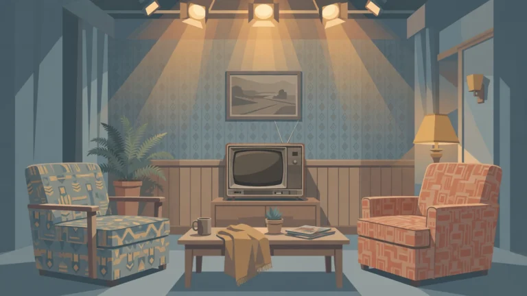 Illustration of a vintage television sitcom living room set