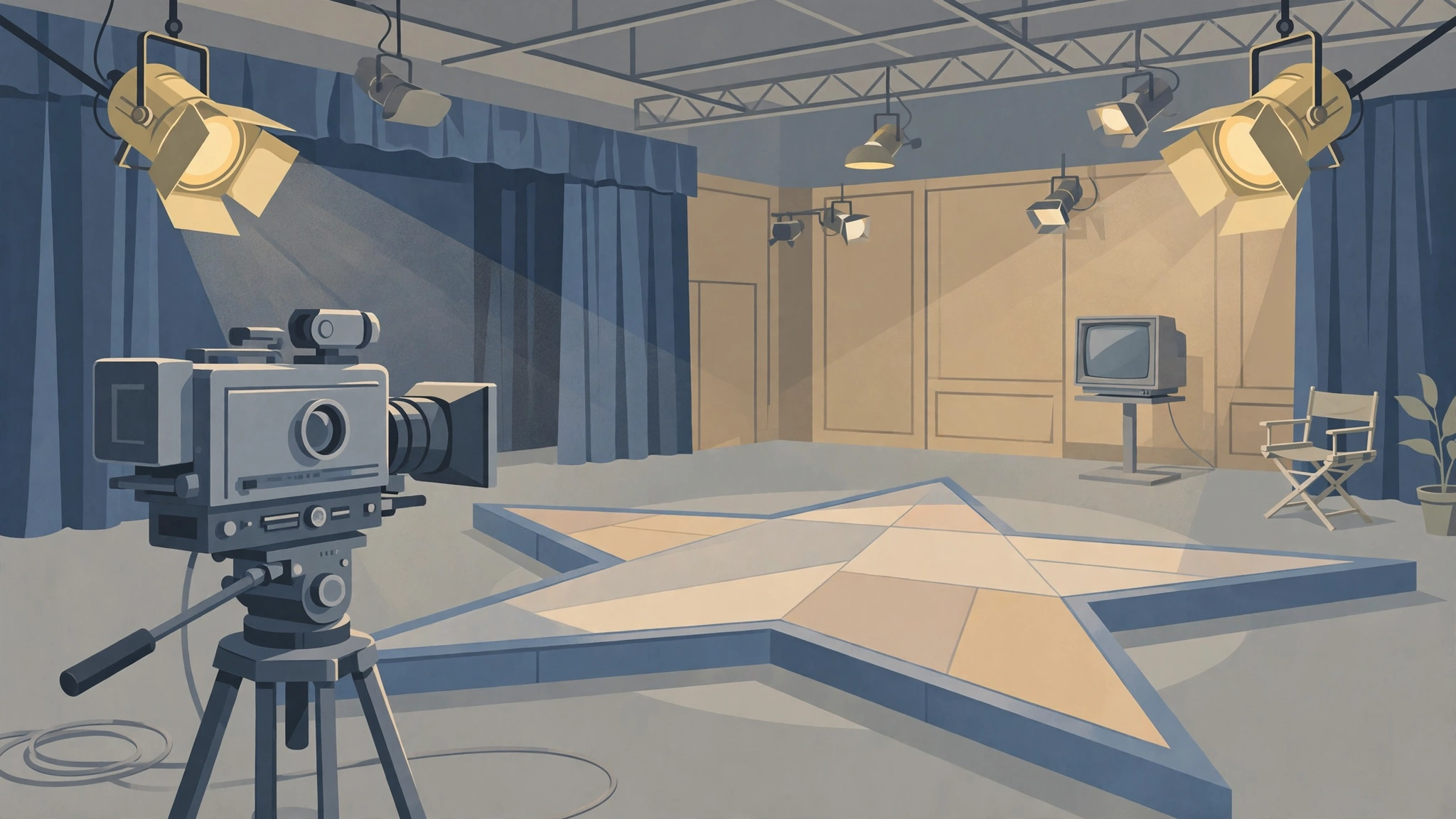 Illustration of a retro television studio set