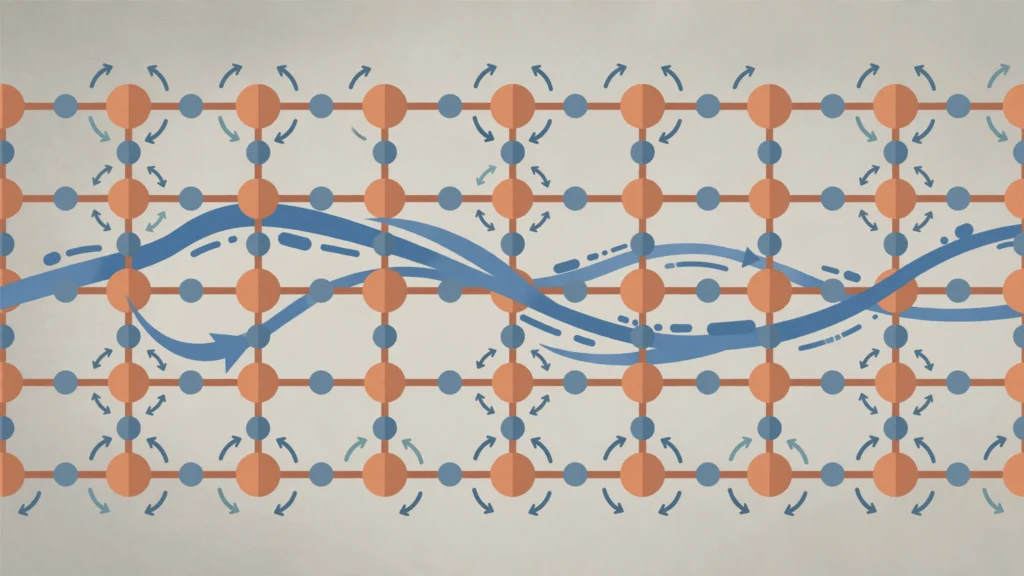 Editorial illustration of a copper-oxide crystal lattice with electric current flowing through it