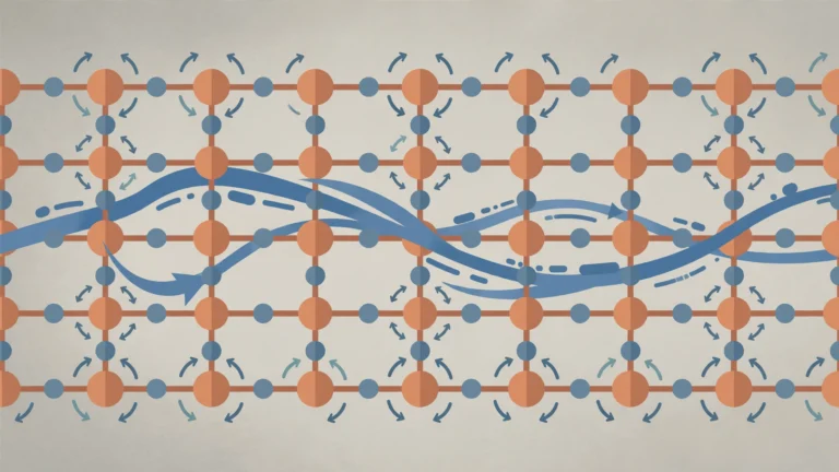 Editorial illustration of a copper-oxide crystal lattice with electric current flowing through it