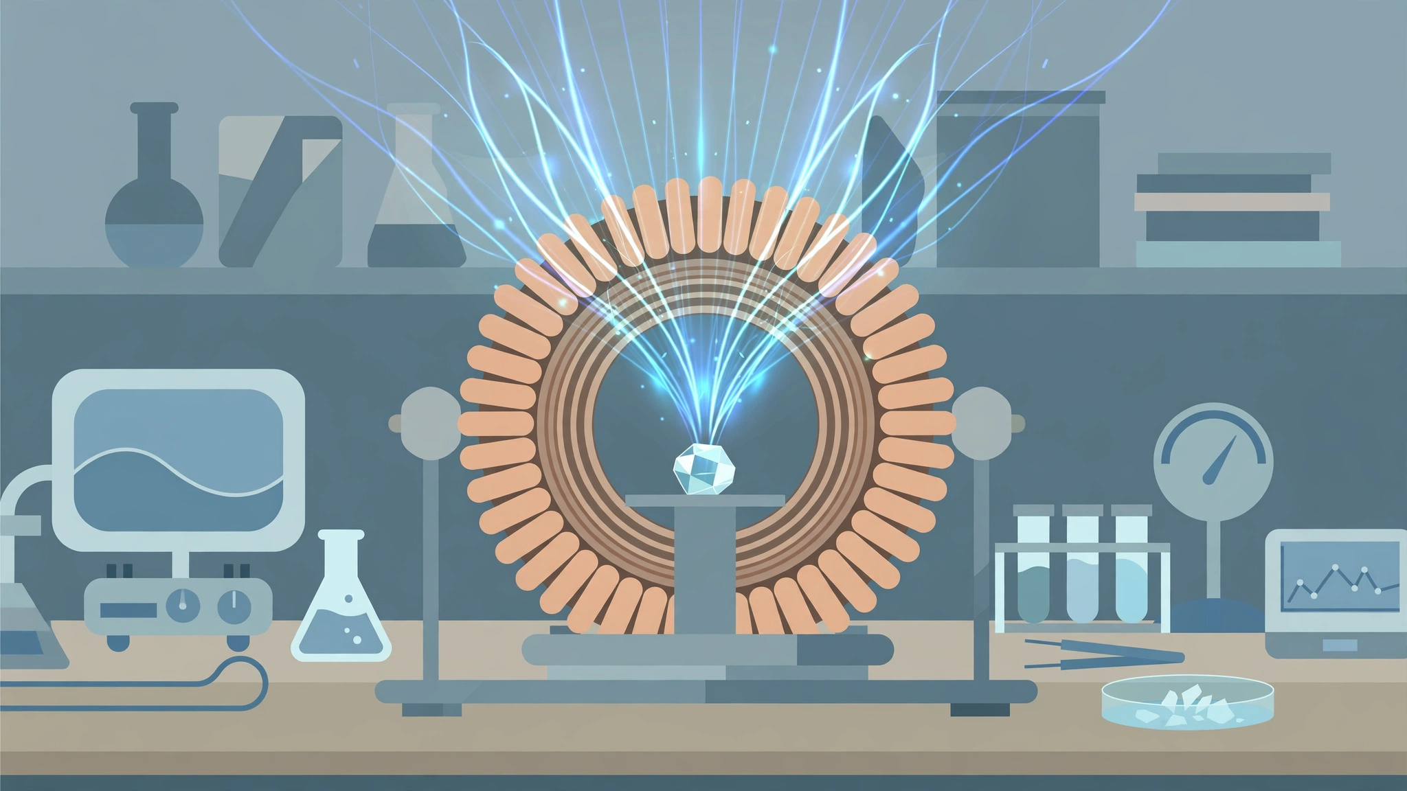 Editorial illustration of a laboratory magnetic coil with a crystal sample