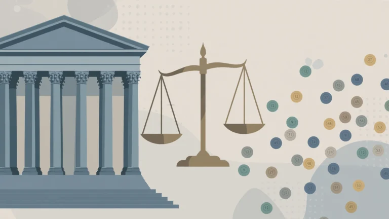 Editorial illustration of the US Supreme Court building with a balance scale and lottery balls