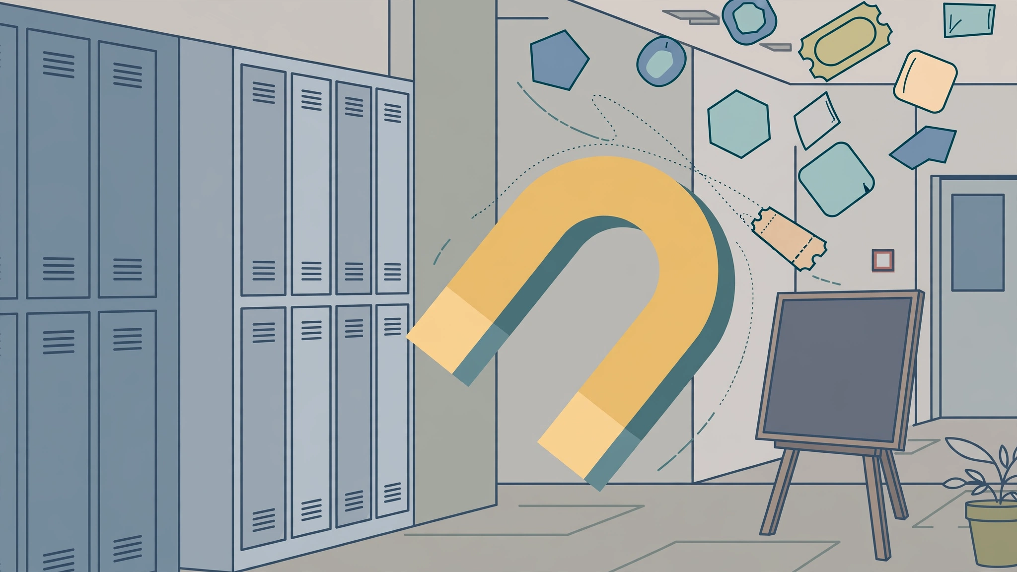 Editorial illustration of a school hallway with a large magnet drawing in floating admission tickets