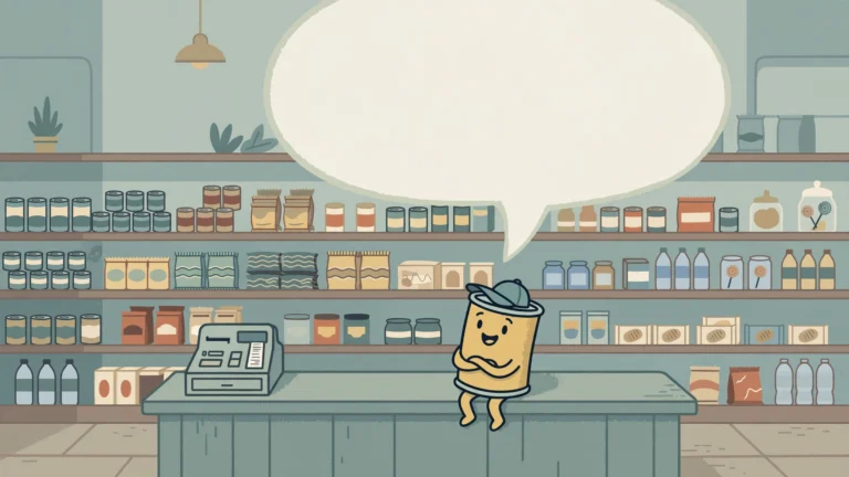 Editorial illustration of a cartoon convenience store counter with an empty speech bubble