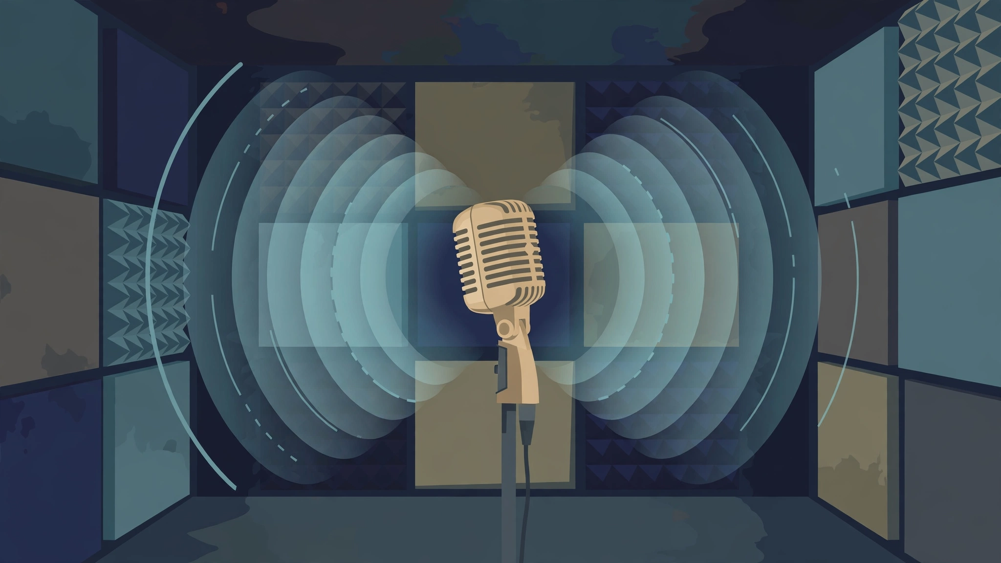 Editorial illustration of a vintage recording studio microphone with sound waves
