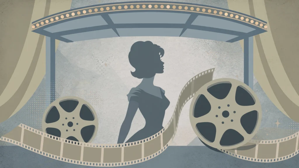 Illustration of a vintage cinema marquee, film reels and a 1960s actress silhouette