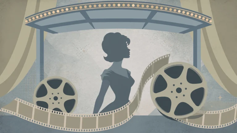 Illustration of a vintage cinema marquee, film reels and a 1960s actress silhouette