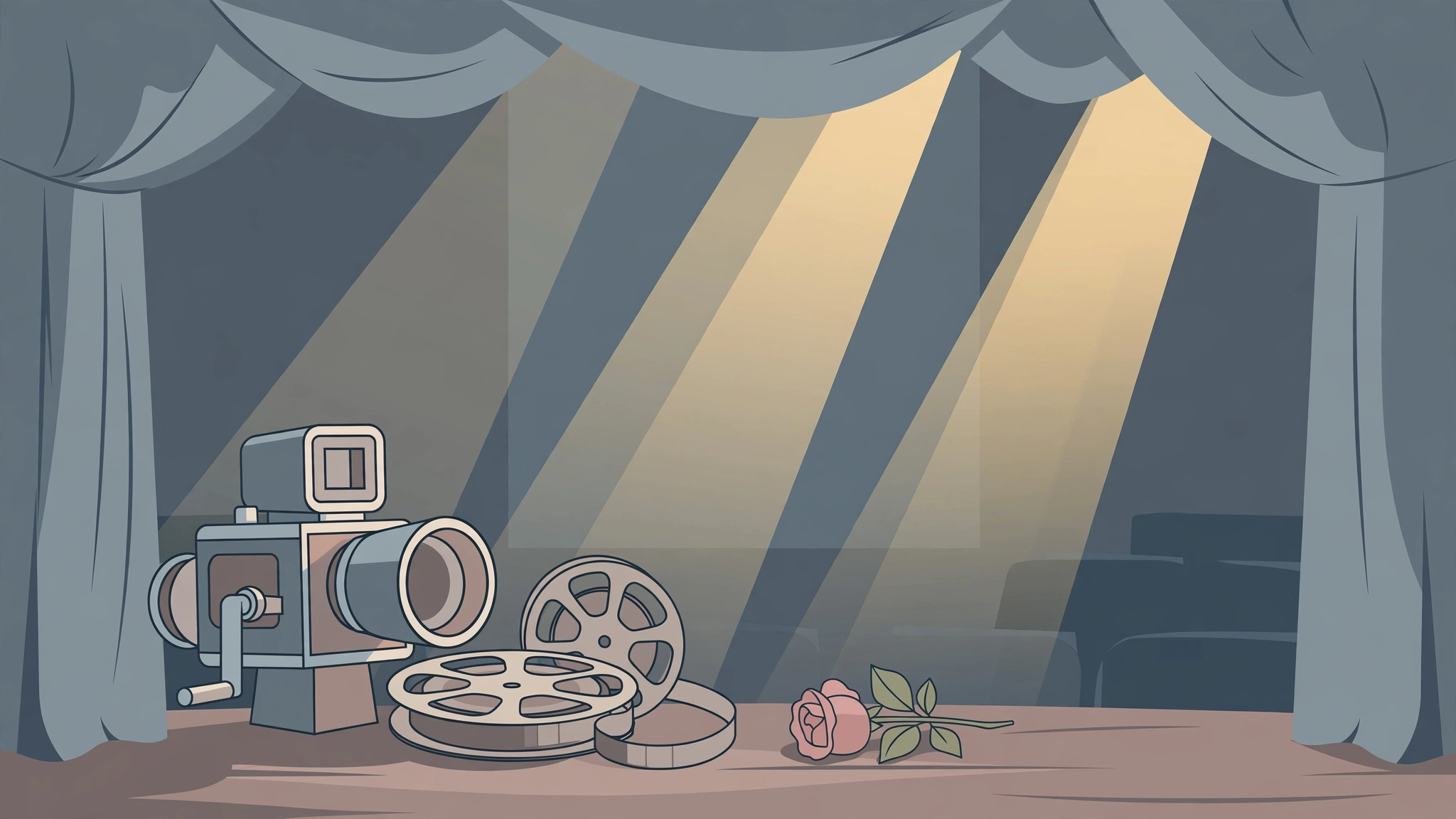 Illustration of an old film camera, film reels and a rose on a theatre stage