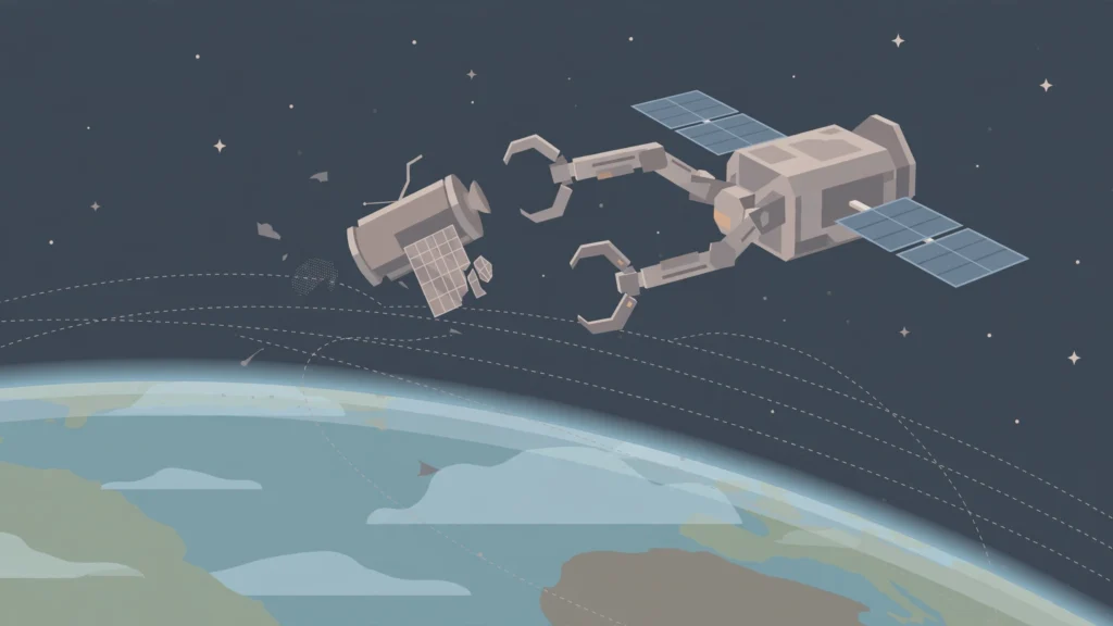 Illustration of a robotic spacecraft with grabbing arms approaching a defunct satellite above Earth