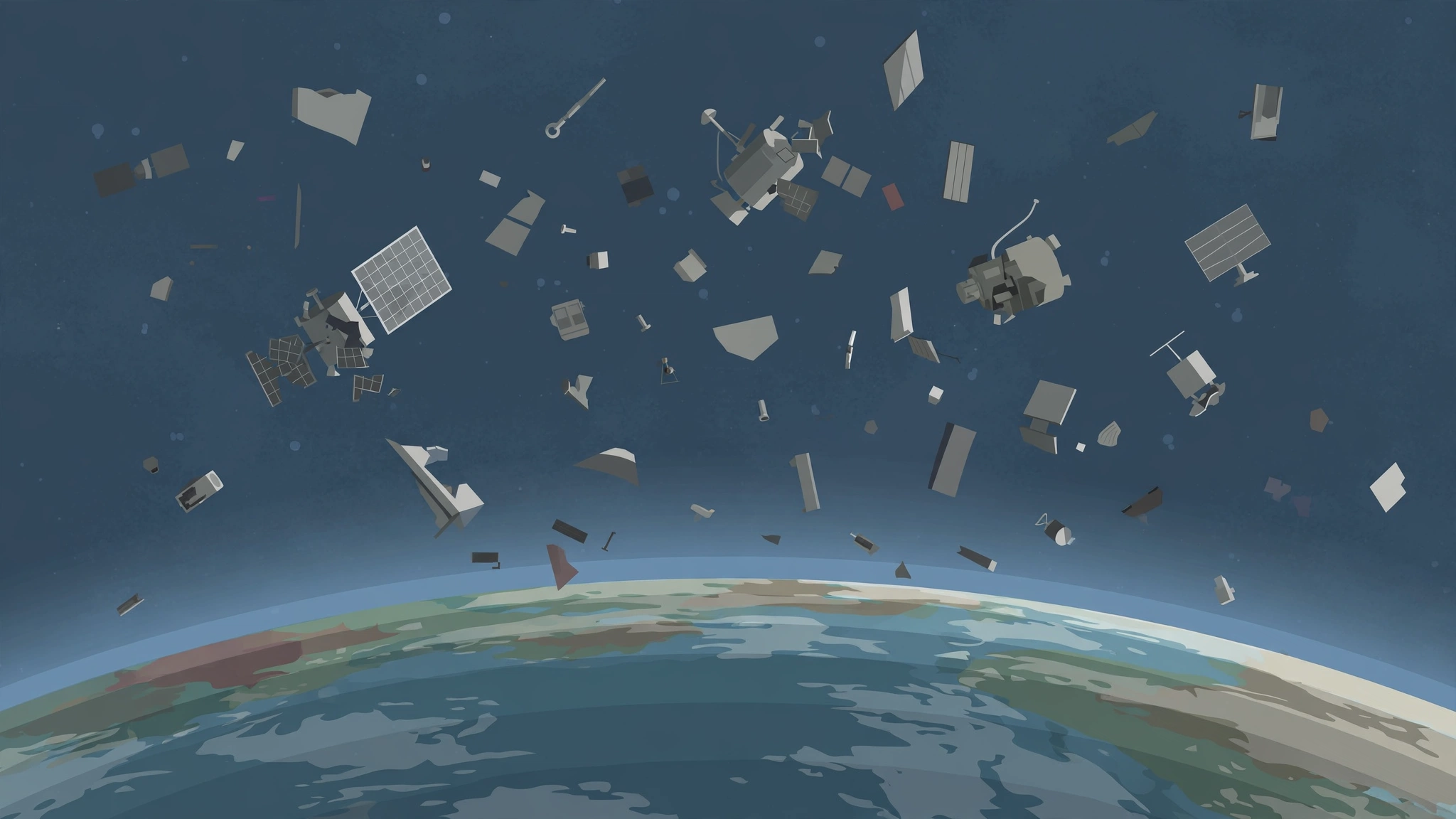 Illustration of satellite debris drifting in orbit above Earth