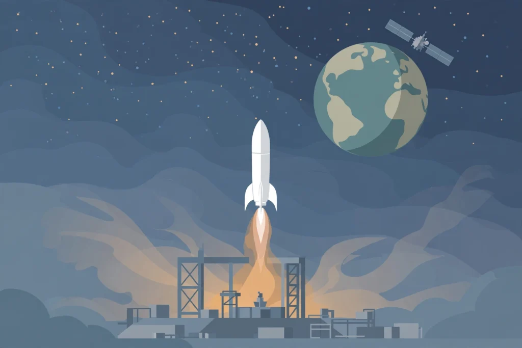 Editorial illustration of a rocket lifting off toward a satellite orbiting Earth