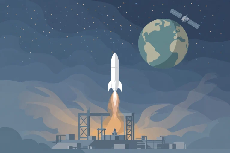 Editorial illustration of a rocket lifting off toward a satellite orbiting Earth