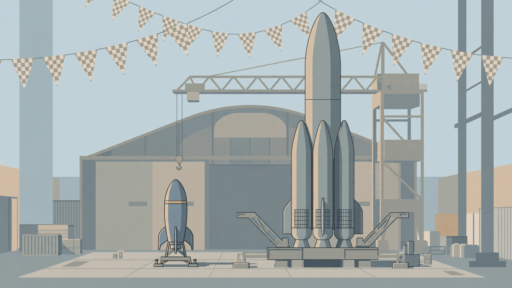 Editorial illustration of a small rocket beside a larger next-generation rocket on a launch pad