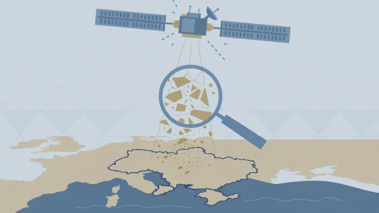 Editorial illustration of a satellite beaming a fractured signal over a map of Ukraine, with a magnifying glass suggesting scrutiny