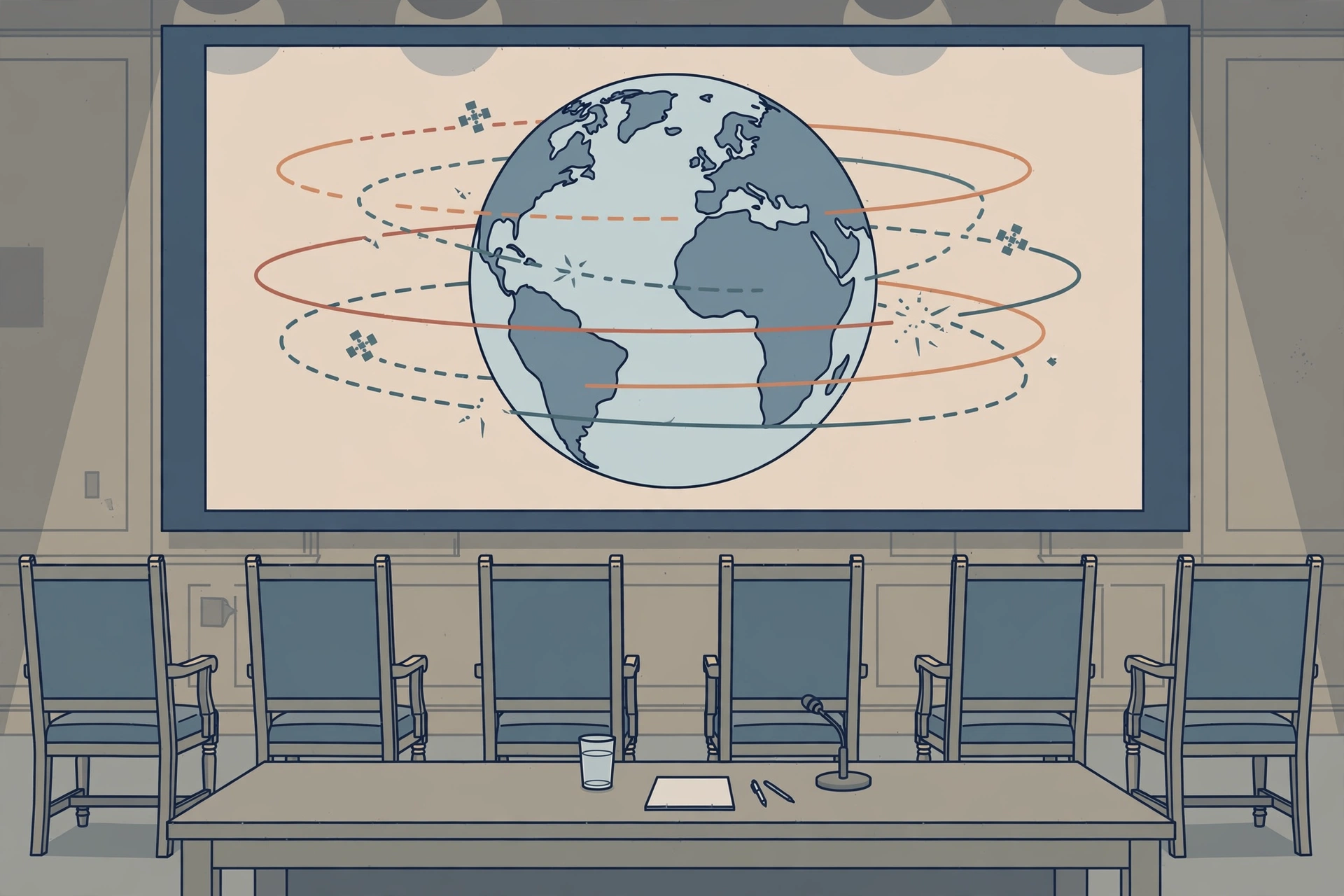 Editorial illustration of empty committee chairs facing a screen showing a globe with satellite orbit rings