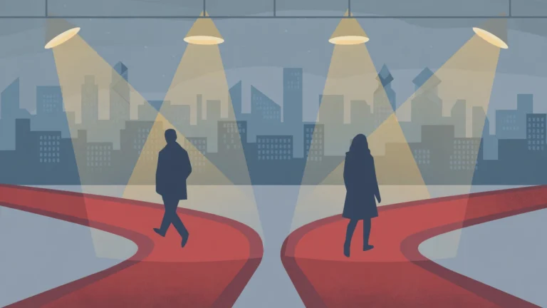 Illustration of two silhouetted figures walking apart on separate red carpets