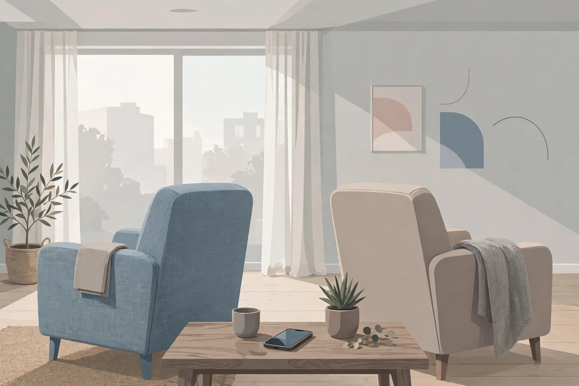 Illustration of a living room with two armchairs turned away from each other