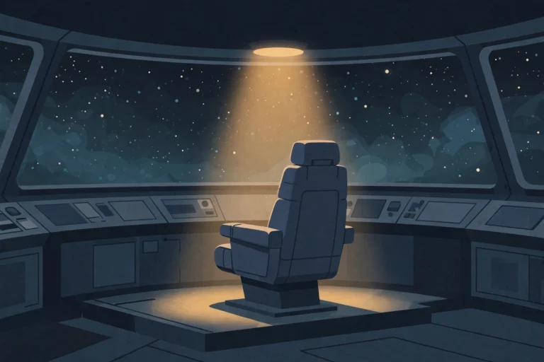 Illustration of an empty starship captain's chair under a spotlight