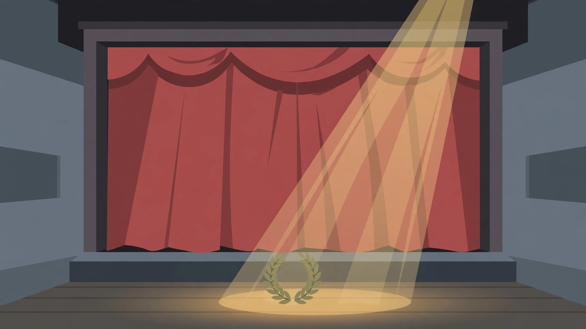 Illustration of a theatre stage with a closed curtain and a laurel wreath in a spotlight