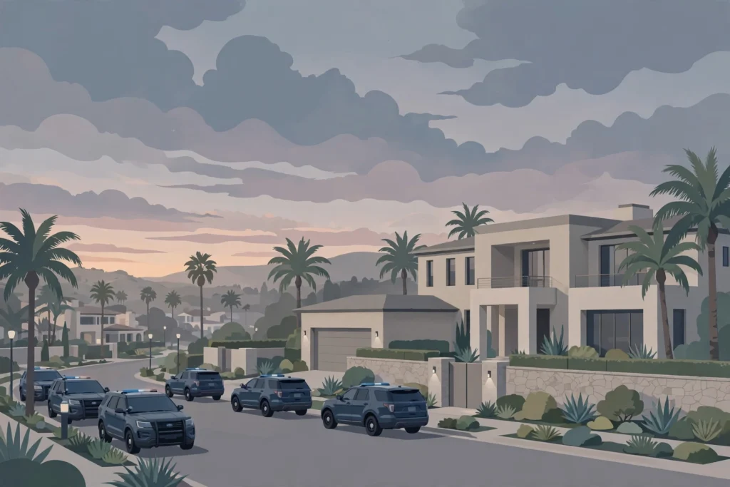 Editorial illustration of law enforcement vehicles outside a Beverly Hills mansion at dawn