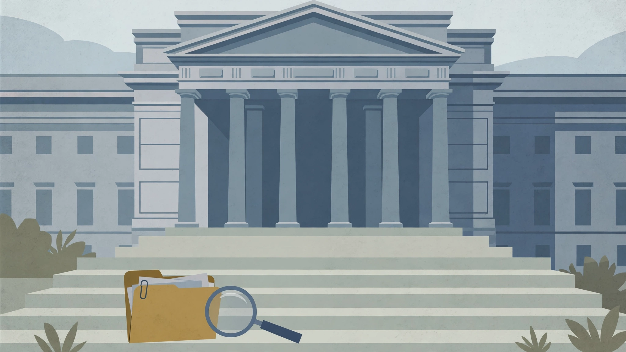 Editorial illustration of a government building with an evidence folder and magnifying glass on the steps