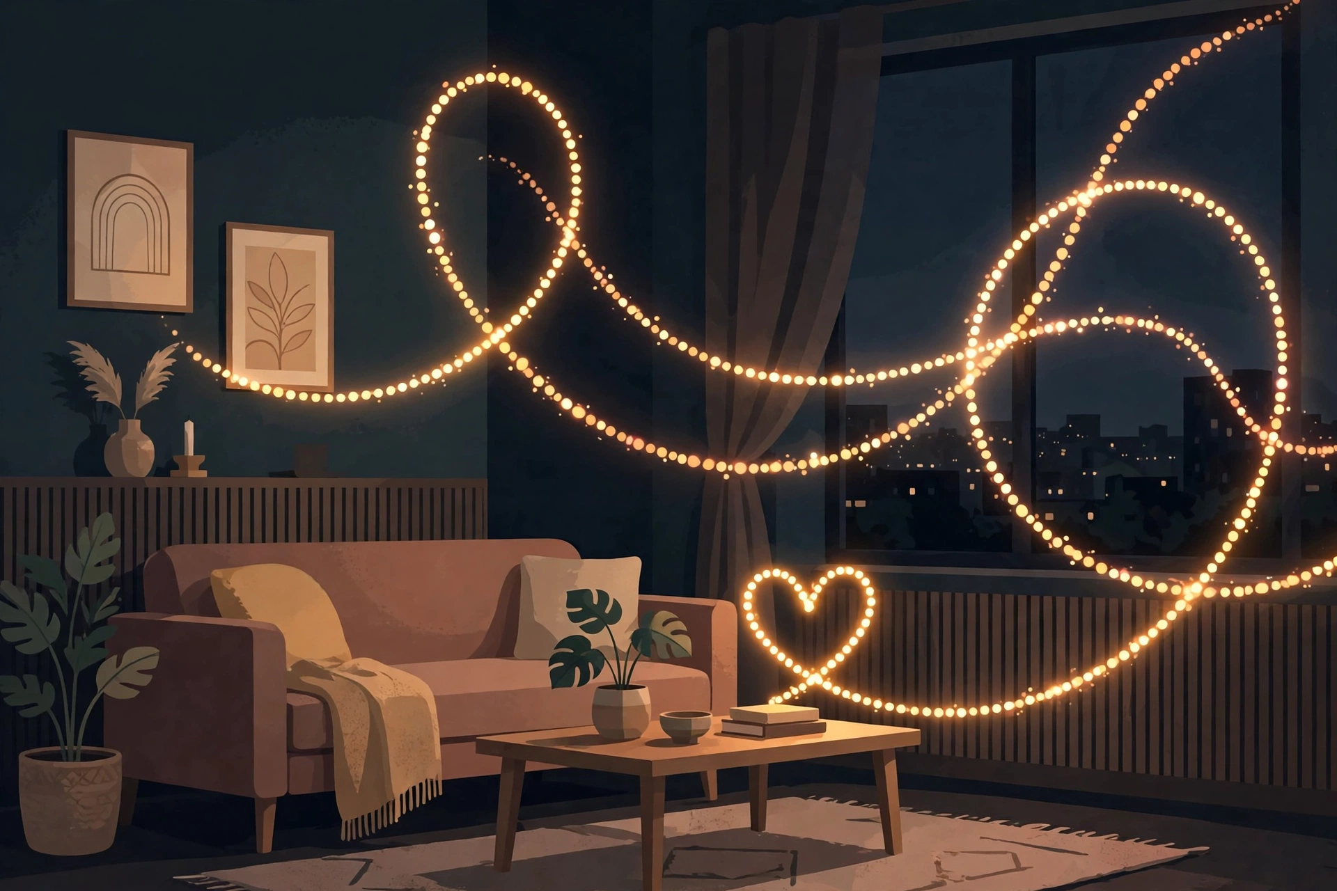 Illustration of glowing light trails and a glowing heart in a dark living room