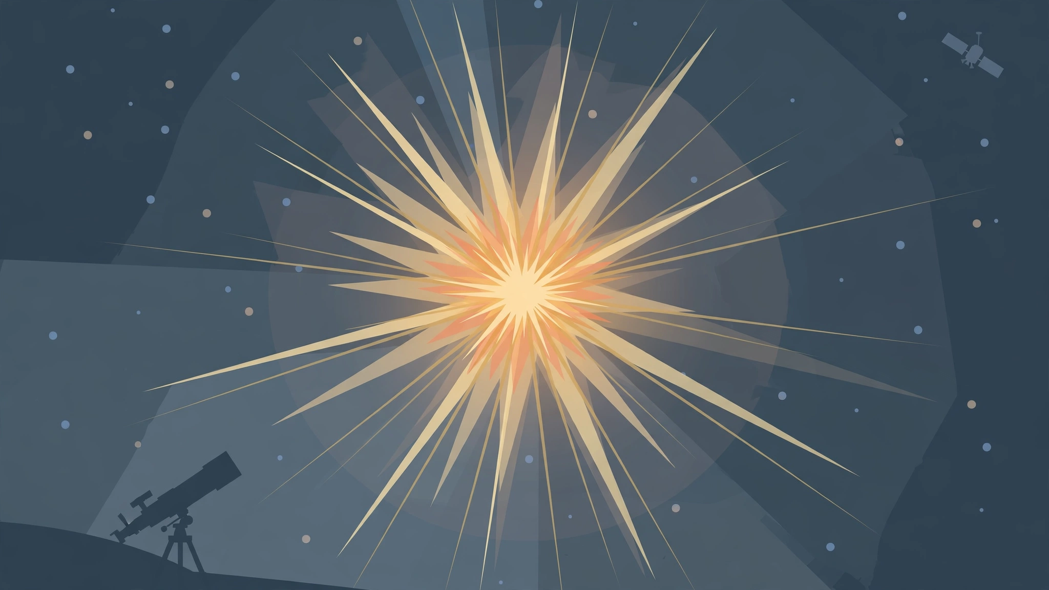 Editorial illustration of a bright cosmic burst in deep space