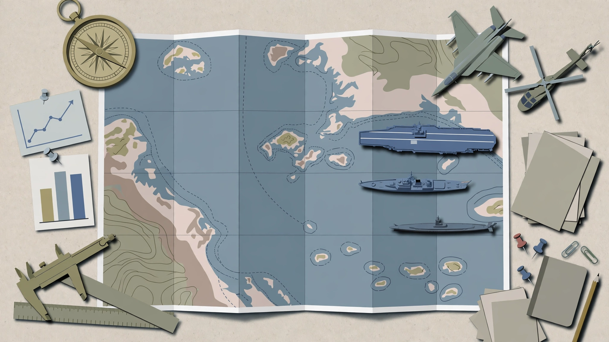 Illustration of a military planning map table with ships and aircraft