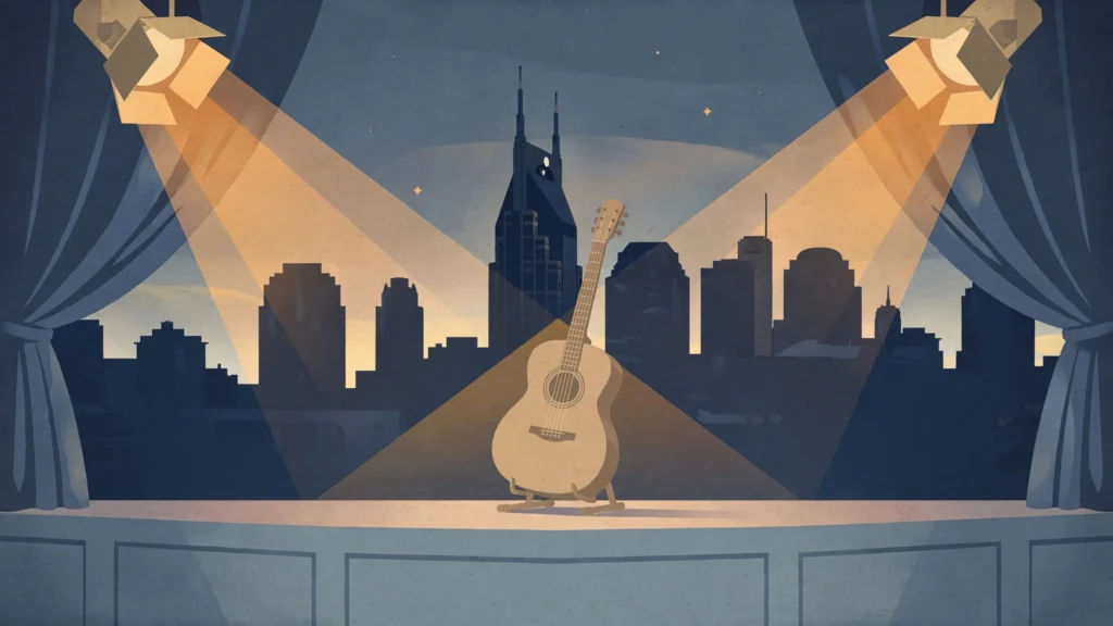 Editorial illustration of a guitar on stage with the Nashville skyline