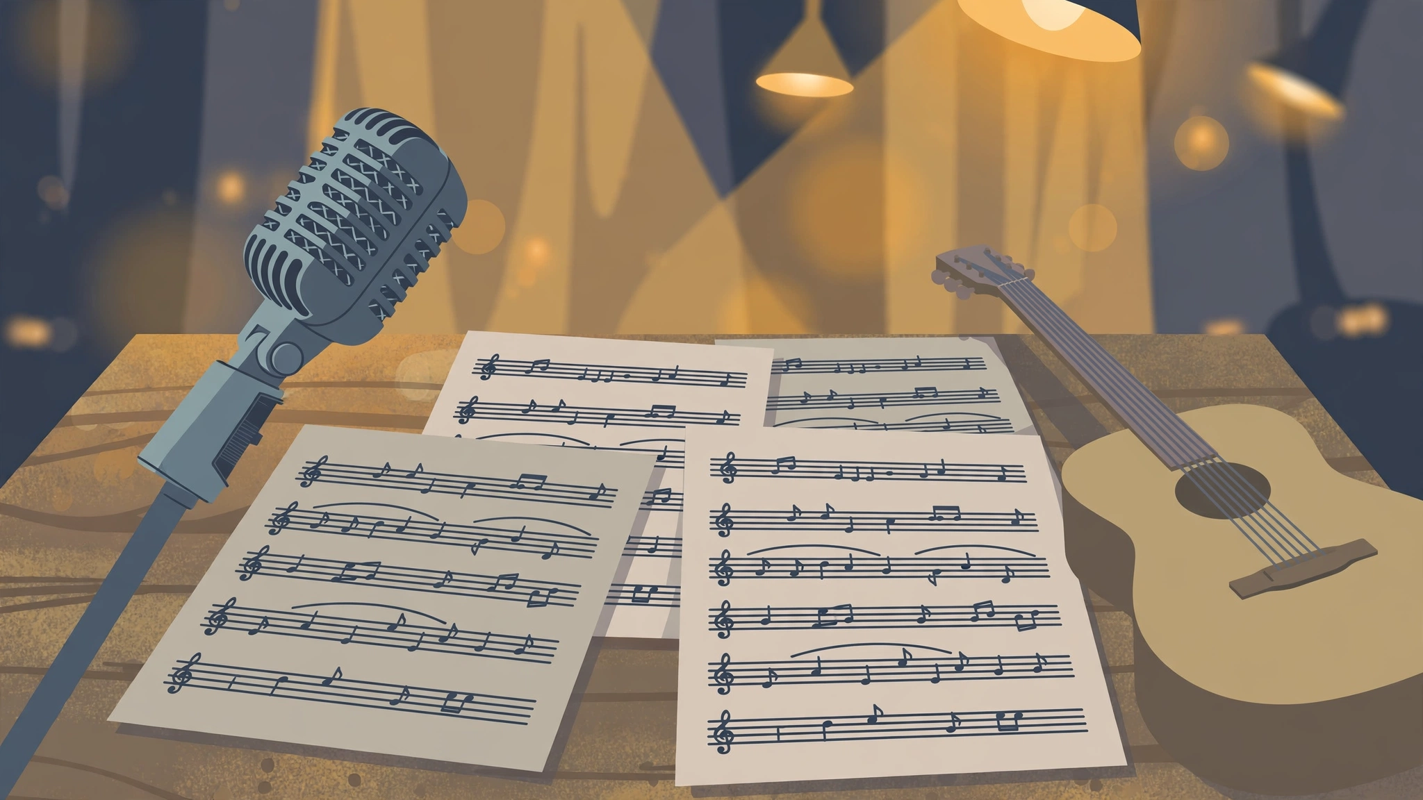 Editorial illustration of a microphone, sheet music and a guitar