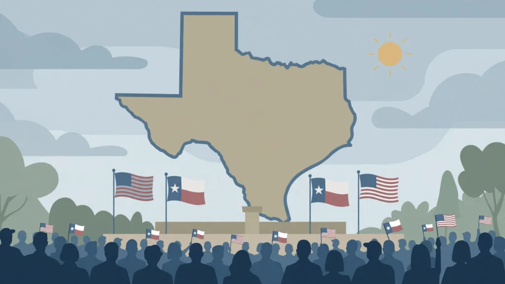 Editorial illustration of a campaign rally crowd beneath a large outline of Texas
