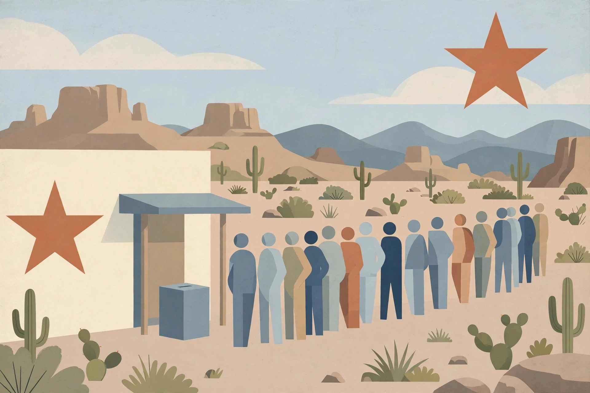 Editorial illustration of voters queueing at a polling place in the Texas desert