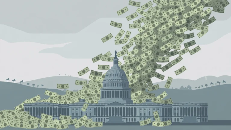 Editorial illustration of dollar bills raining over the US Capitol dome