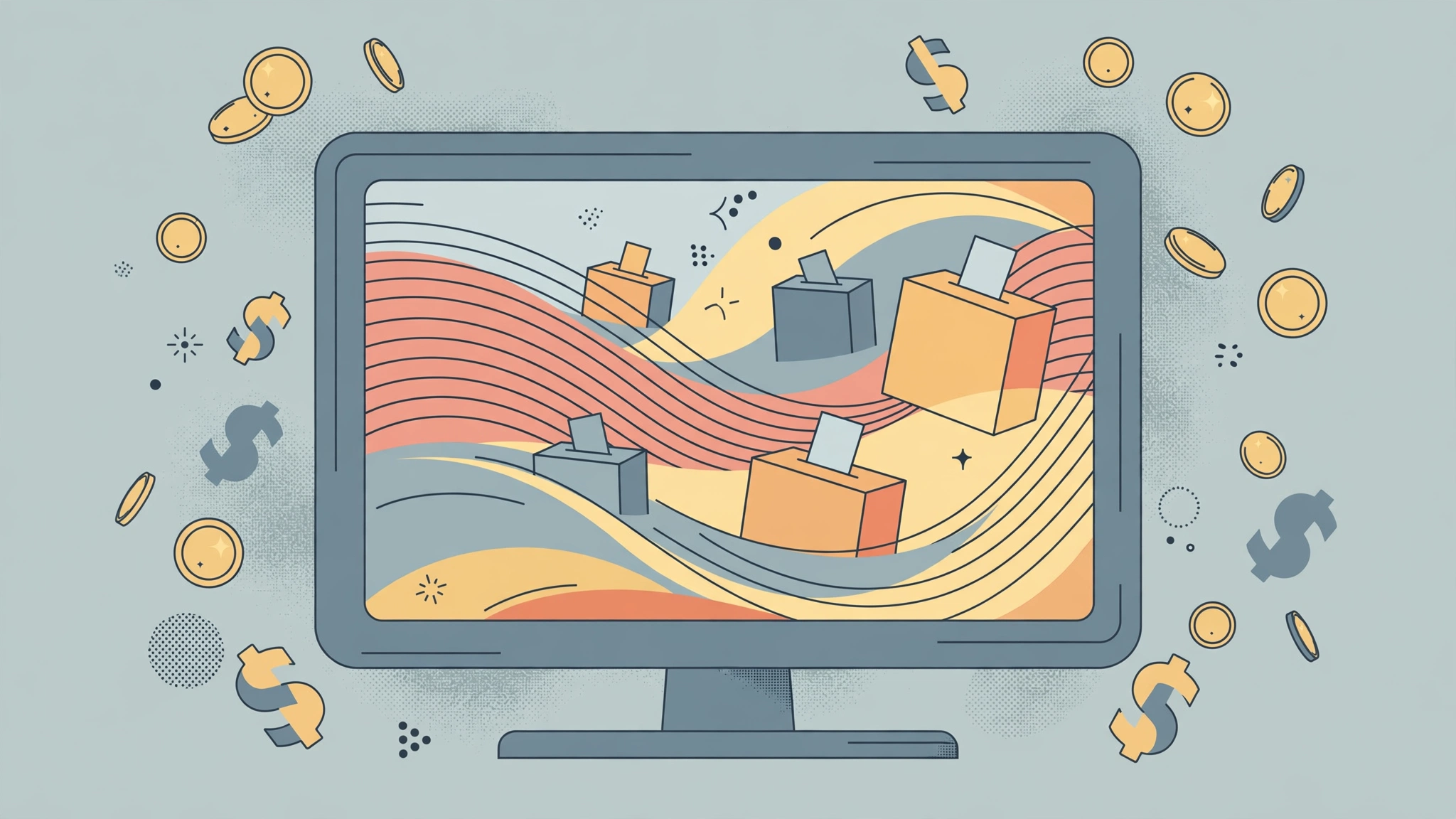 Editorial illustration of a screen showing ballot boxes and advertising waves surrounded by coins