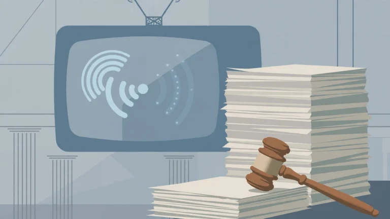 Editorial illustration of a gavel, legal documents and a television for a story about a court-ordered deposition