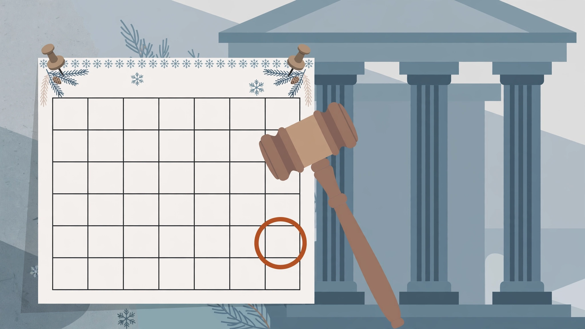 Editorial illustration of a December calendar, a gavel and a courthouse