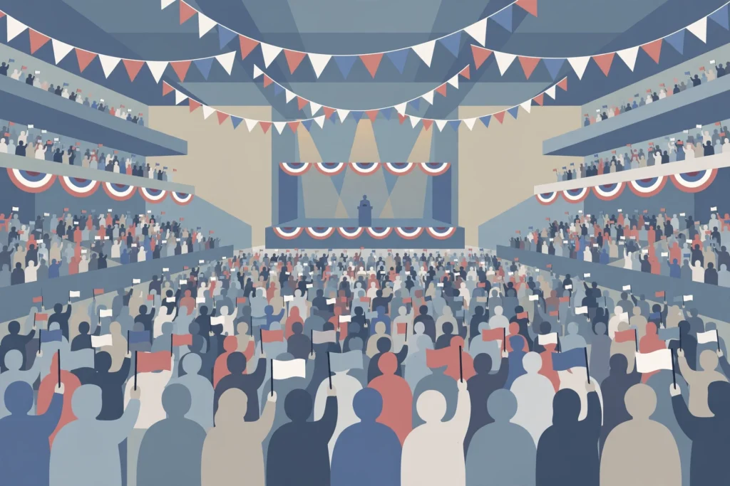 Illustration of a campaign rally crowd in an arena