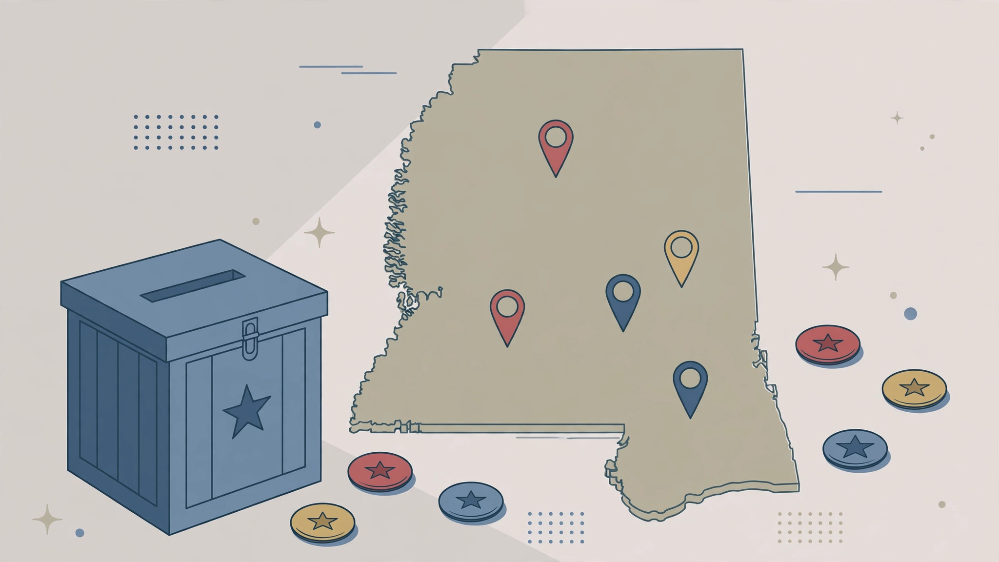 Illustration of a ballot box beside a map of Mississippi