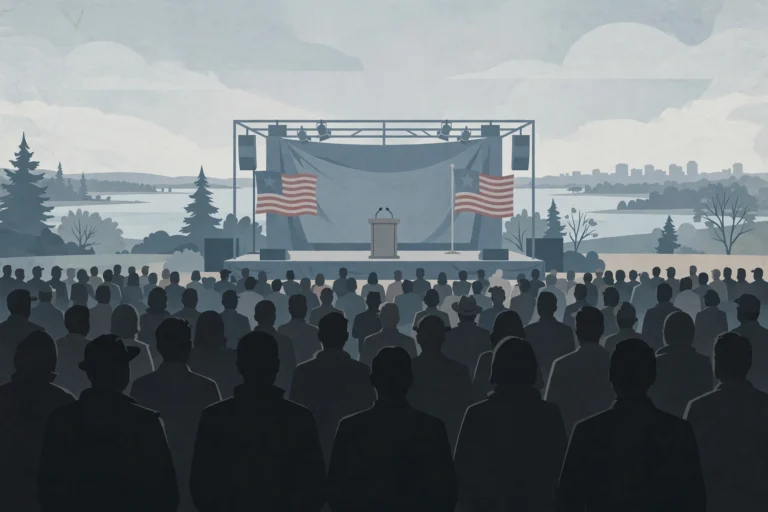 Editorial illustration of a campaign rally stage with flags and a crowd of silhouettes